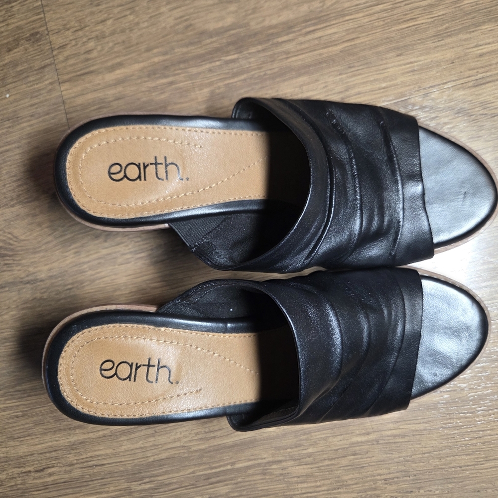 Earth Black Leather Slide Mules for Women